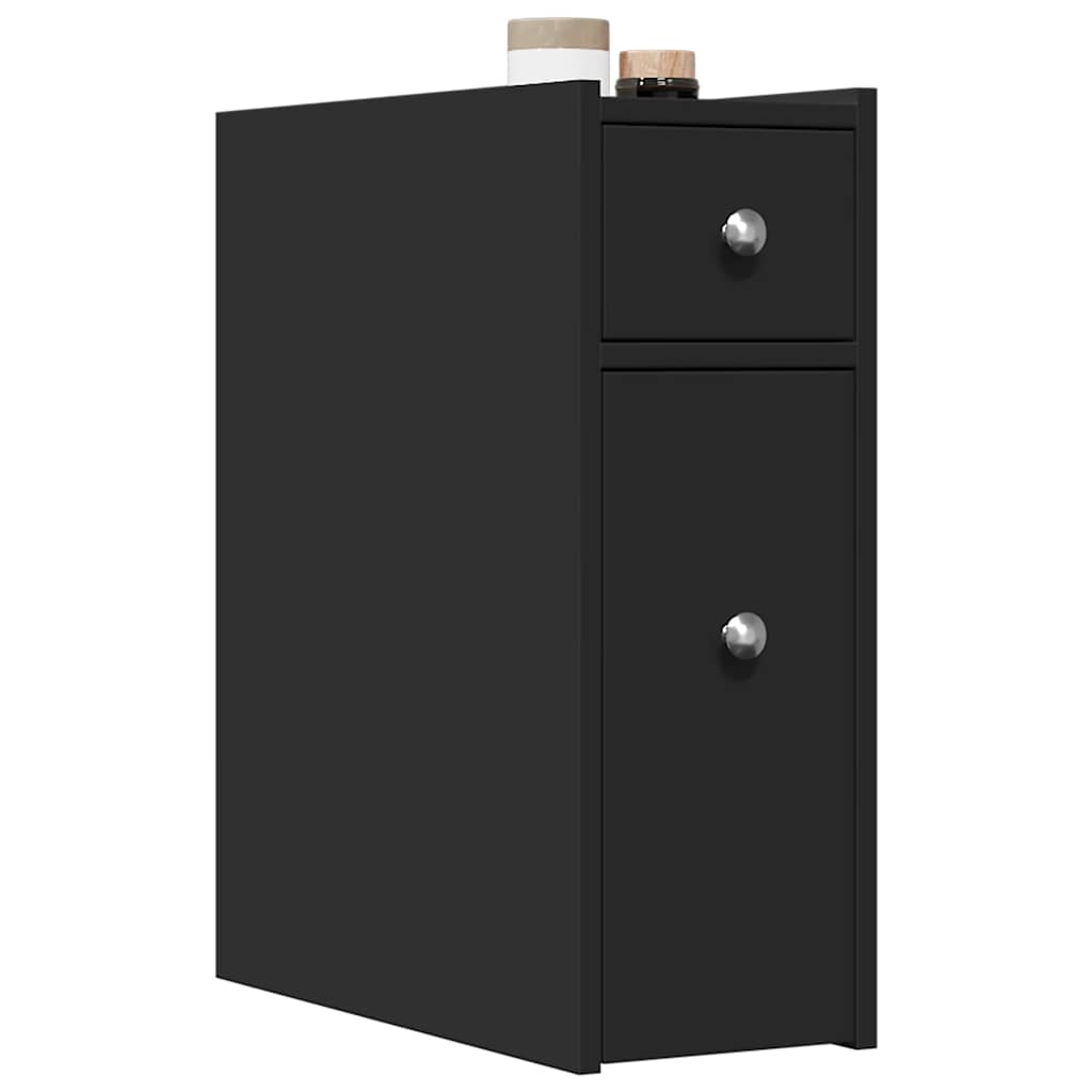 Narrow Bathroom Cupboard with Wheels Black Engineered Wood